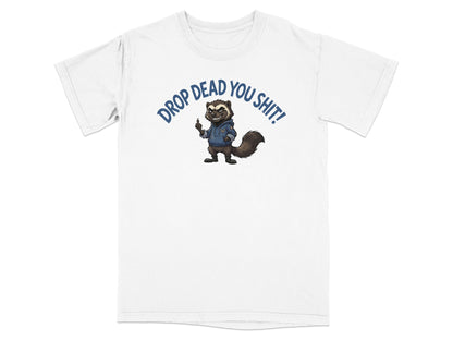 T-shirt with a cartoon badger wearing a hoodie, dropping something.