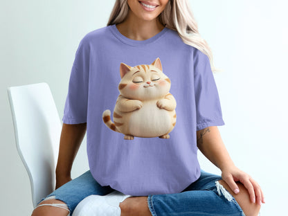 Cartoon illustration of a plump, smiling orange tabby cat wearing a purple t-shirt.