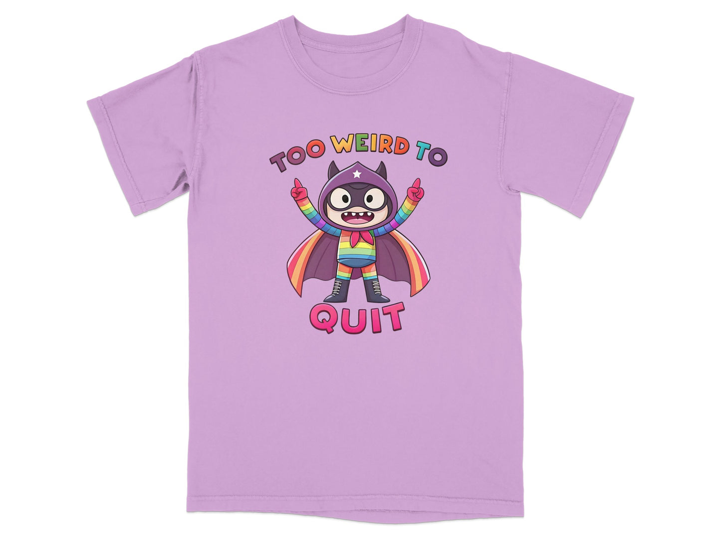 Cartoon superhero with rainbow cape and "Too Weird to Quit" text.