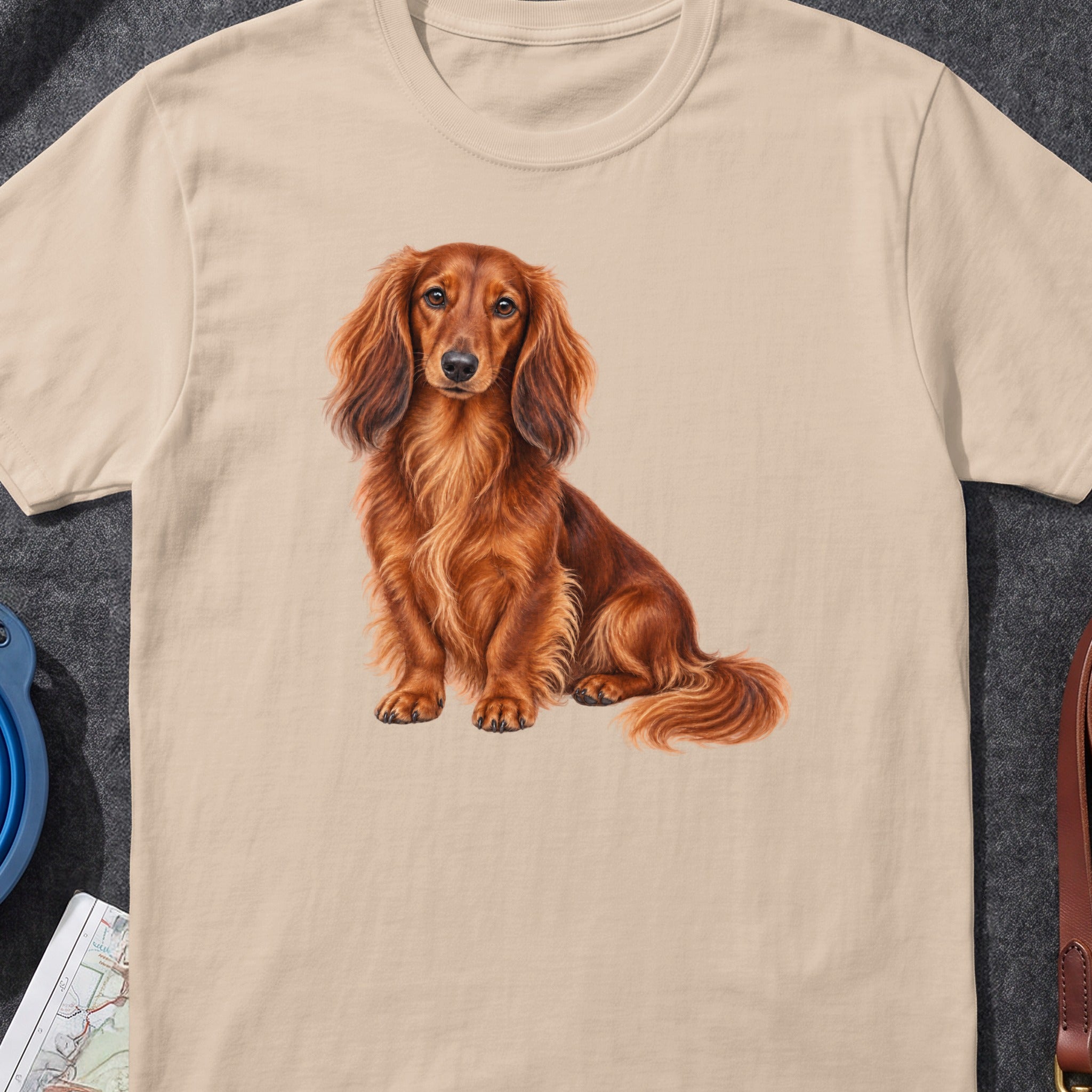 Long-haired tan dachshund sitting on a light beige t-shirt.