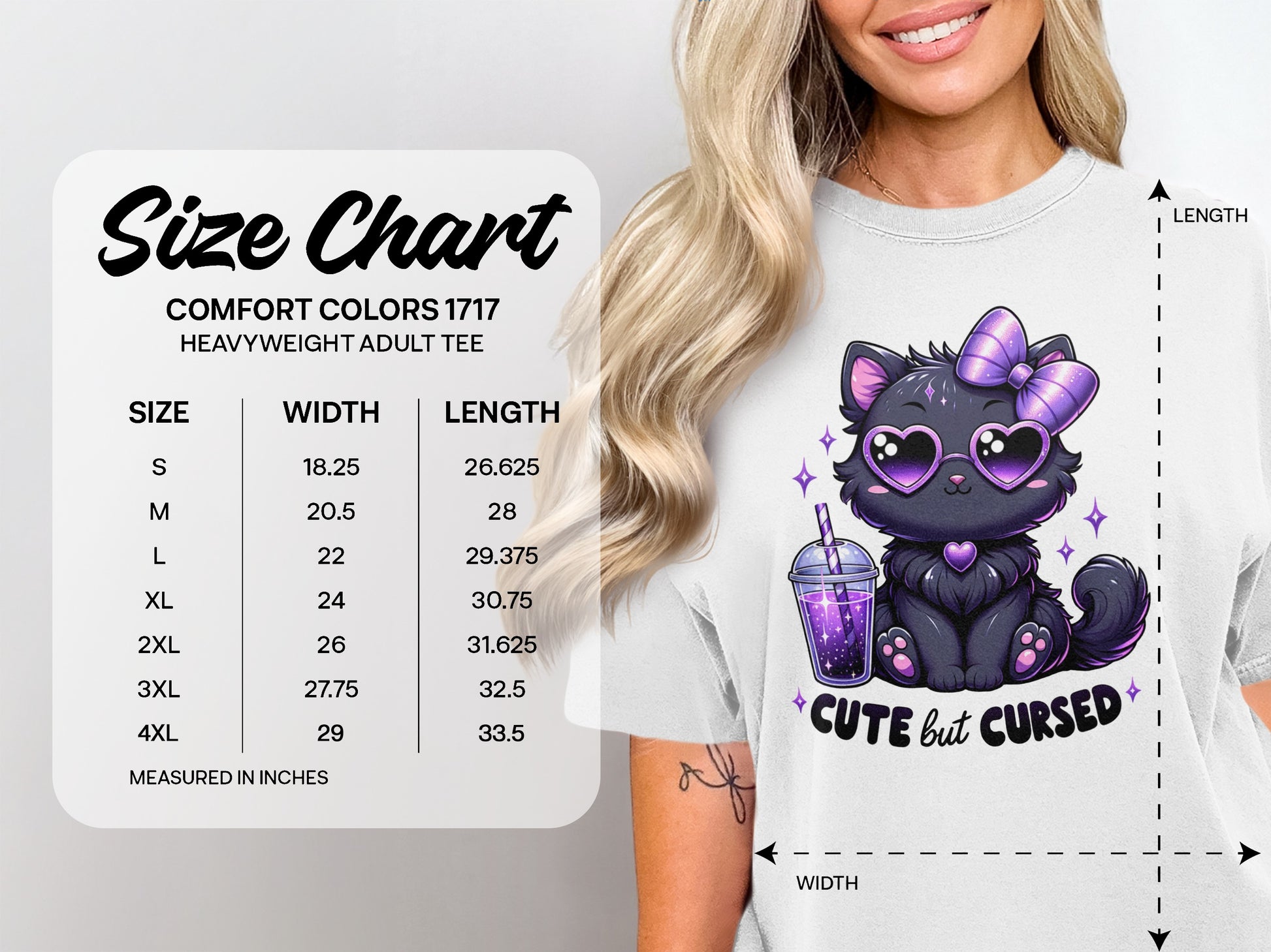 Comfort Colors 1717 heavyweight t-shirt size chart with measurements.
