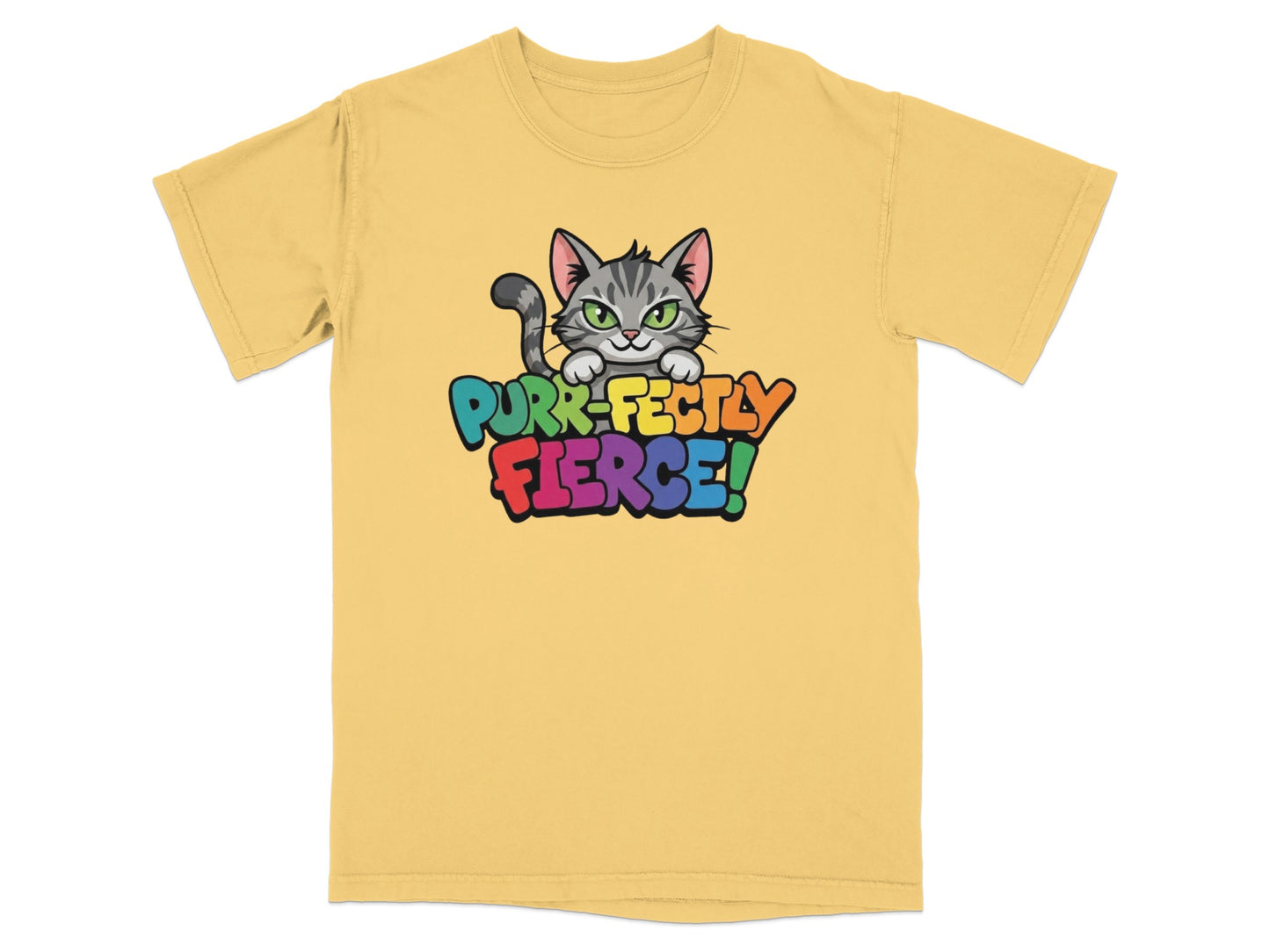 Yellow t-shirt with "Purr-Fectly Fierce!" text and a cartoon cat.