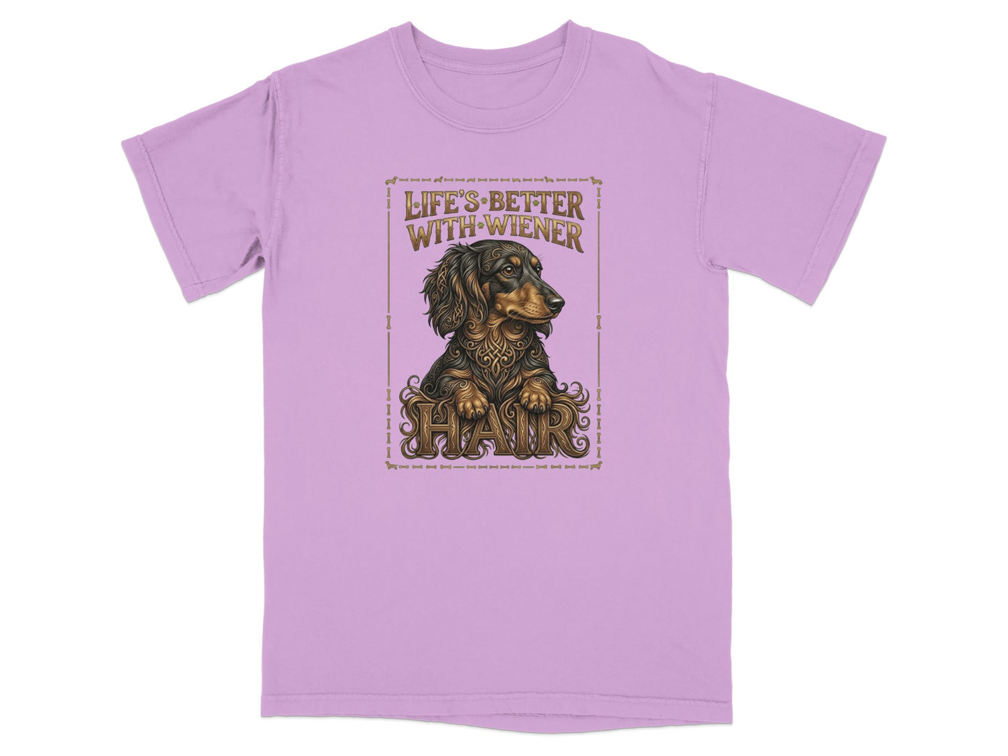 Lilac t-shirt featuring a dachshund illustration with the text "LIFE'S BETTER WITH WIENER HAIR".