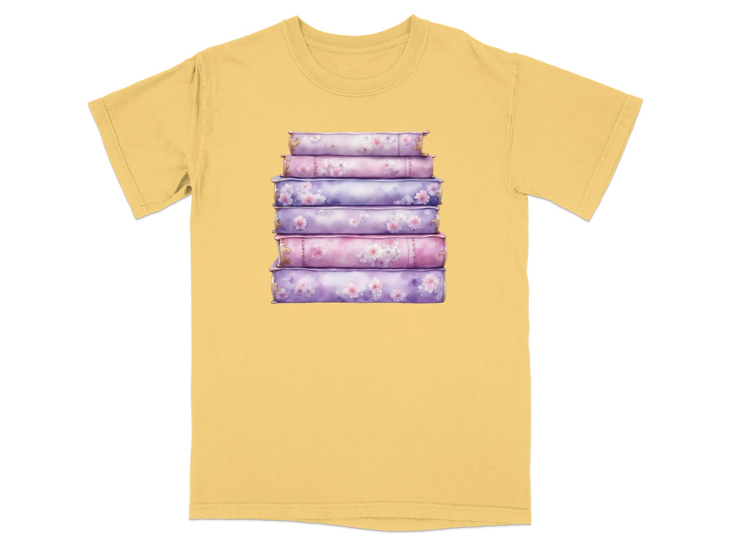 Stack of five purple and pink books with floral accents on yellow t-shirt.