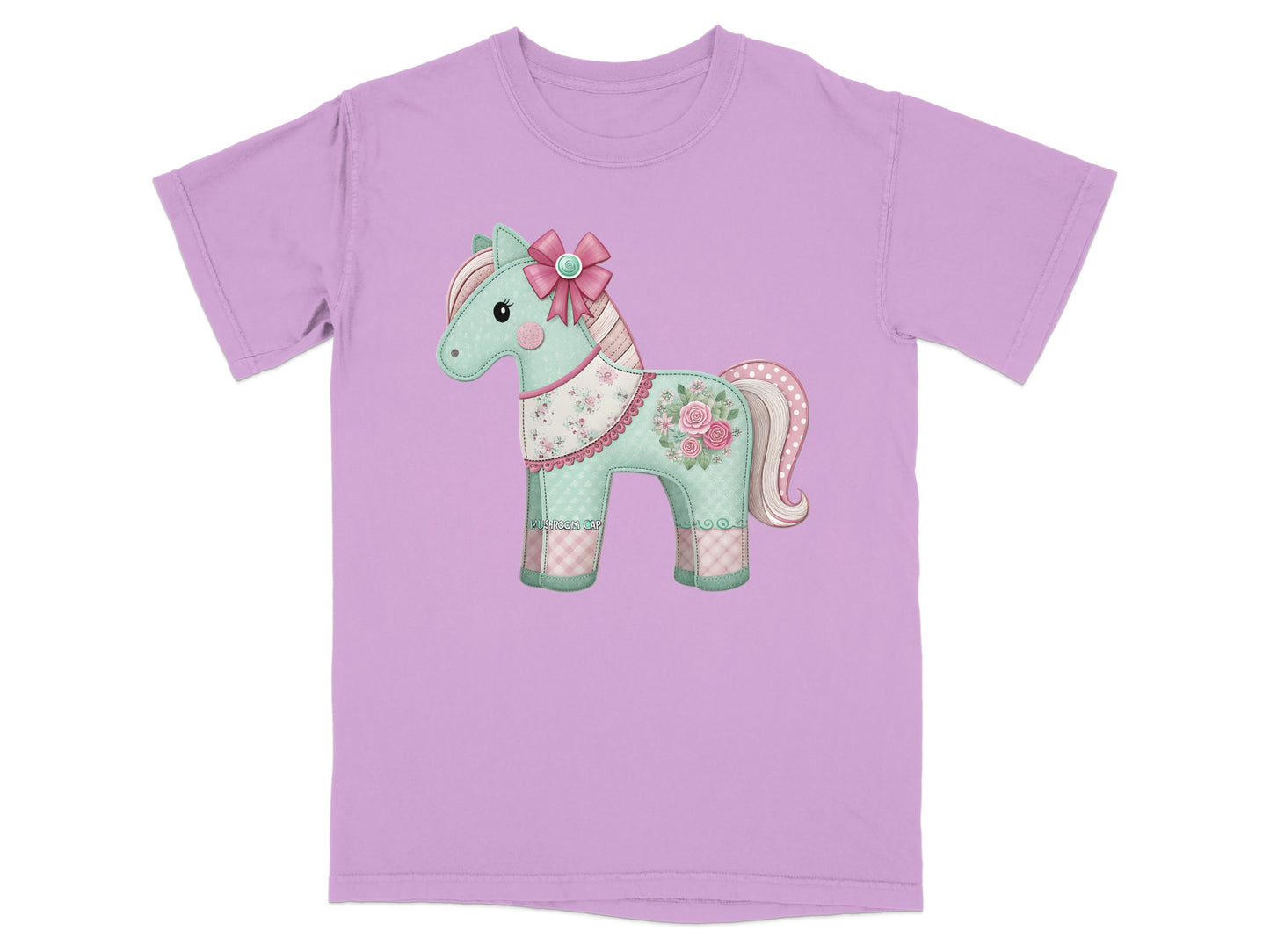 Lavender t-shirt with a cartoon horse graphic.