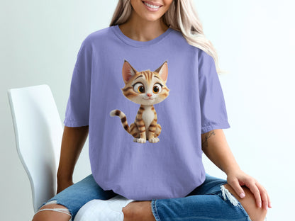 Purple t-shirt with cartoon tabby cat illustration.