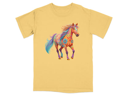 Yellow t-shirt with a colorful, psychedelic horse graphic.