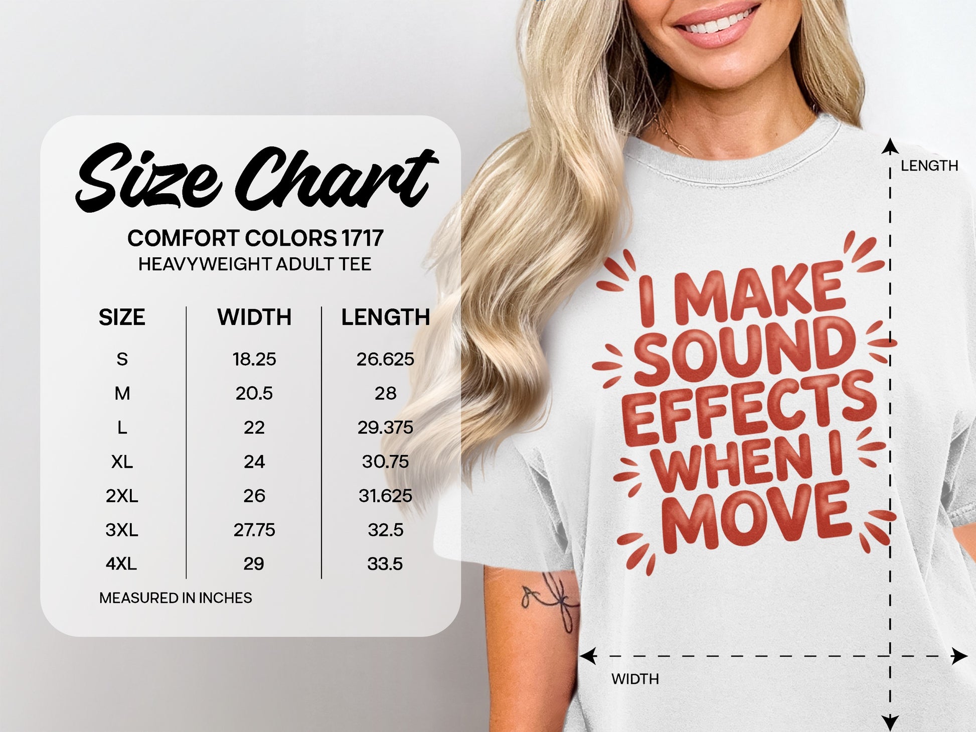 Comfort Colors heavyweight adult tee size chart with measurements and graphic.