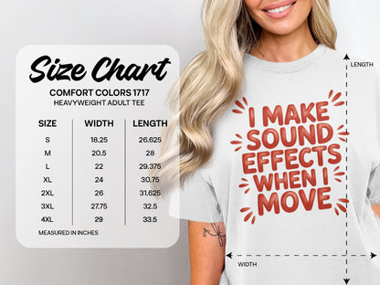 Comfort Colors heavyweight adult tee size chart with measurements and graphic.