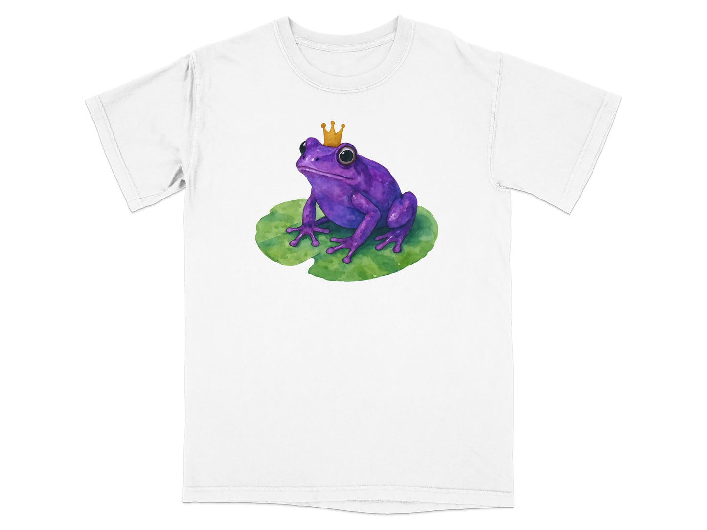 Purple frog with a crown sitting on a lily pad, printed on a white t-shirt.