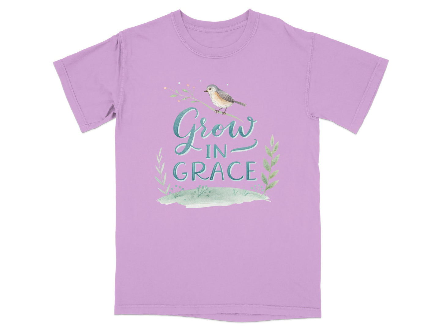 Purple t-shirt with watercolor bird and "Grow in Grace" text.