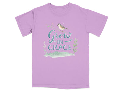 Purple t-shirt with watercolor bird and "Grow in Grace" text.