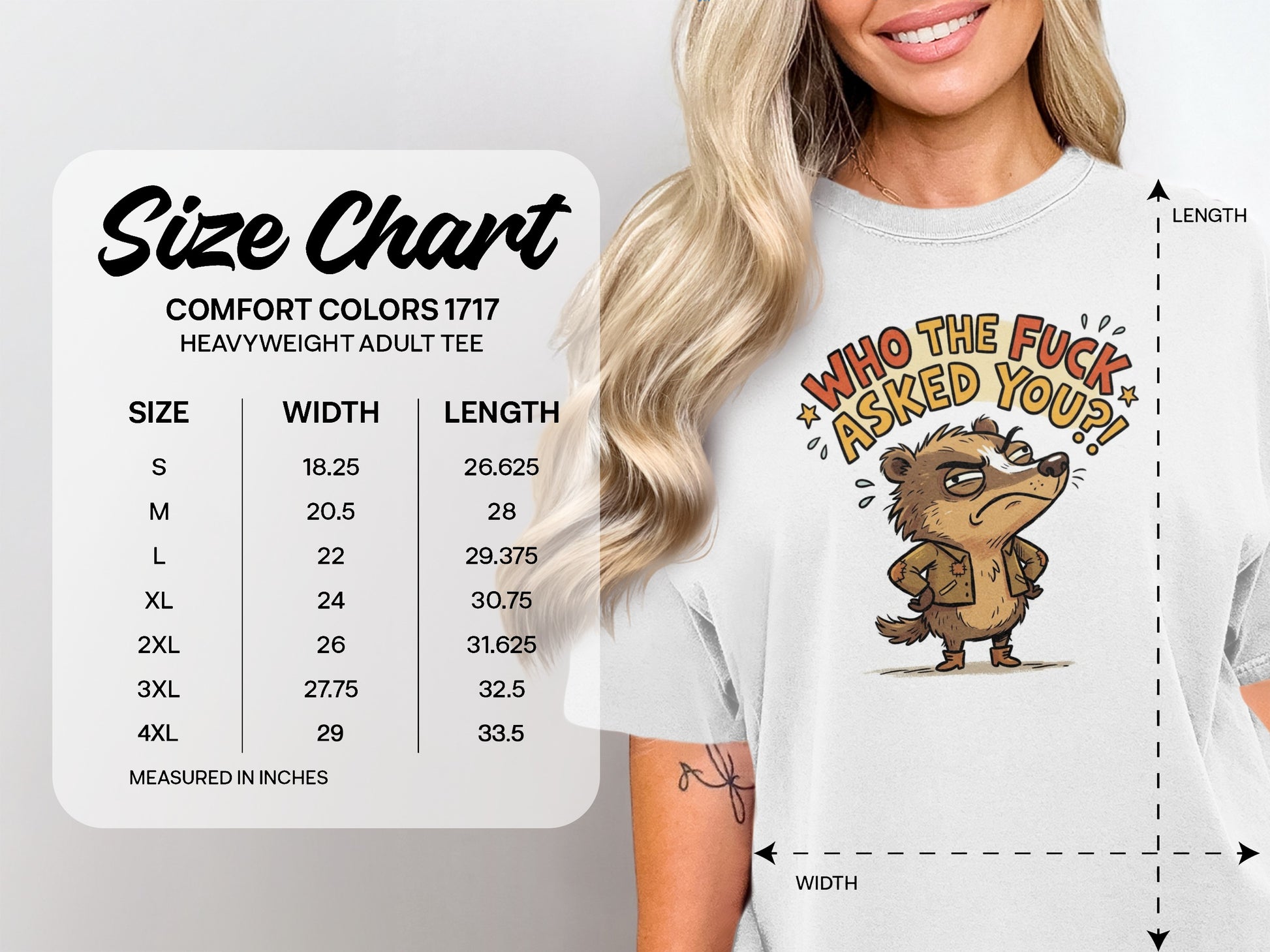 Comfort Colors 1717 heavyweight tee size chart with graphic of grumpy badger asking "Who the fuck asked you?".