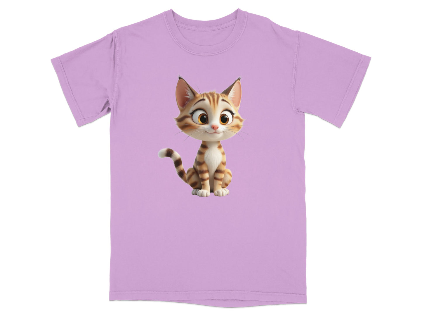 Lilac t-shirt with cartoon cat illustration.