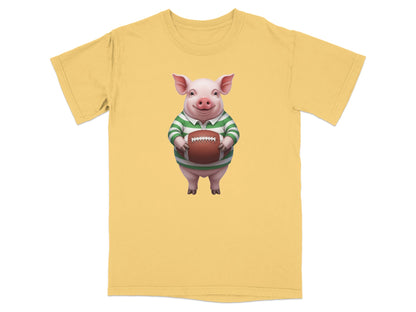 Pig wearing striped shirt holding a rugby ball.