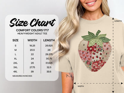 Comfort Colors 1717 heavyweight adult tee size chart with strawberry graphic.