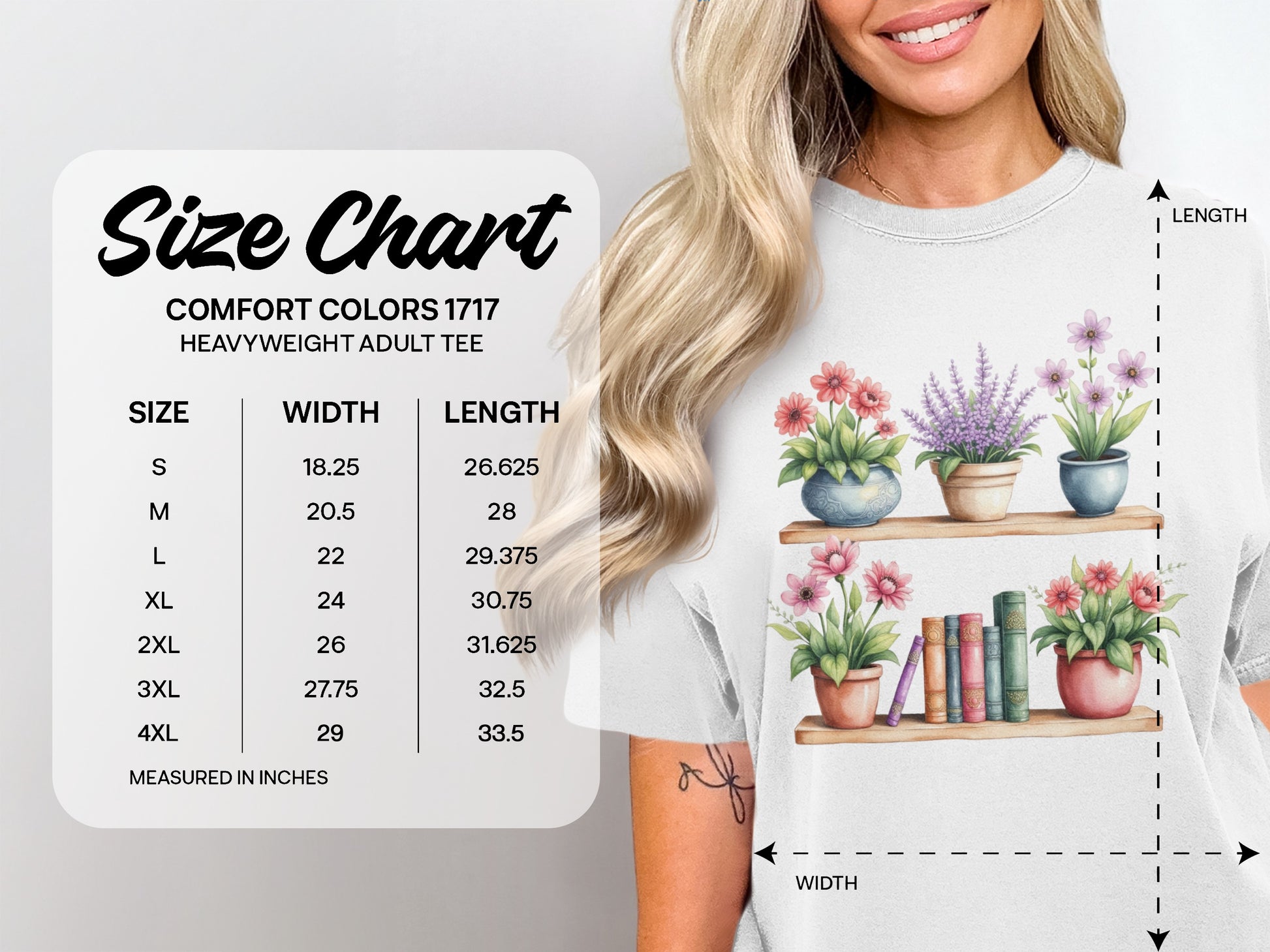 Comfort Colors 1717 heavyweight adult tee size chart with dimensions.