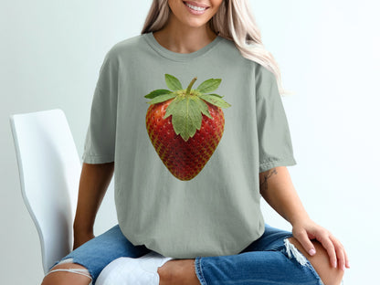 Gray t-shirt with a large, realistic strawberry graphic centered on the chest.