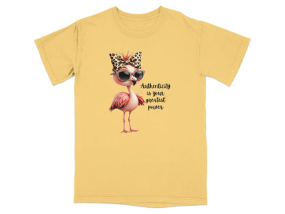 Yellow t-shirt with a flamingo wearing sunglasses and a leopard print bow.