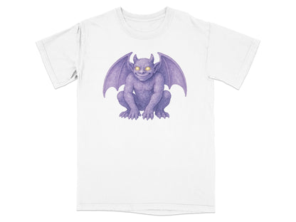 White t-shirt with a purple gargoyle illustration with glowing yellow eyes.