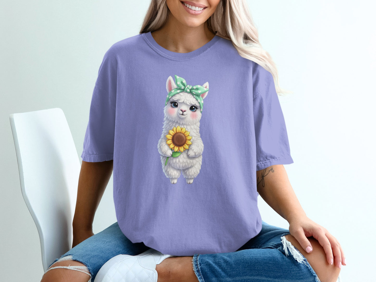 Illustration of a cute llama wearing a green bandana holding a sunflower.