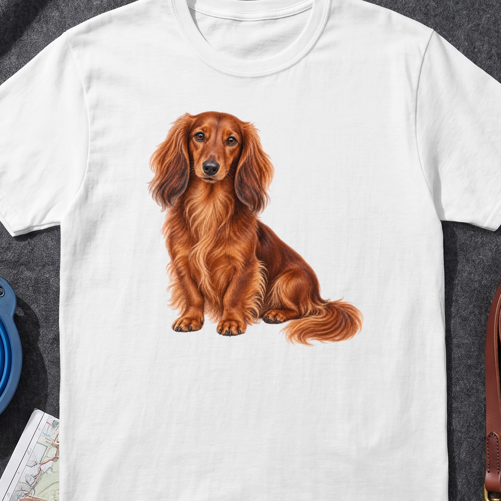 Long-haired red dachshund dog sitting on a white t-shirt.