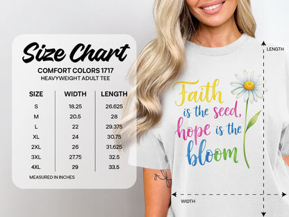 Comfort Colors 1717 heavyweight adult tee size chart with garment measurements.