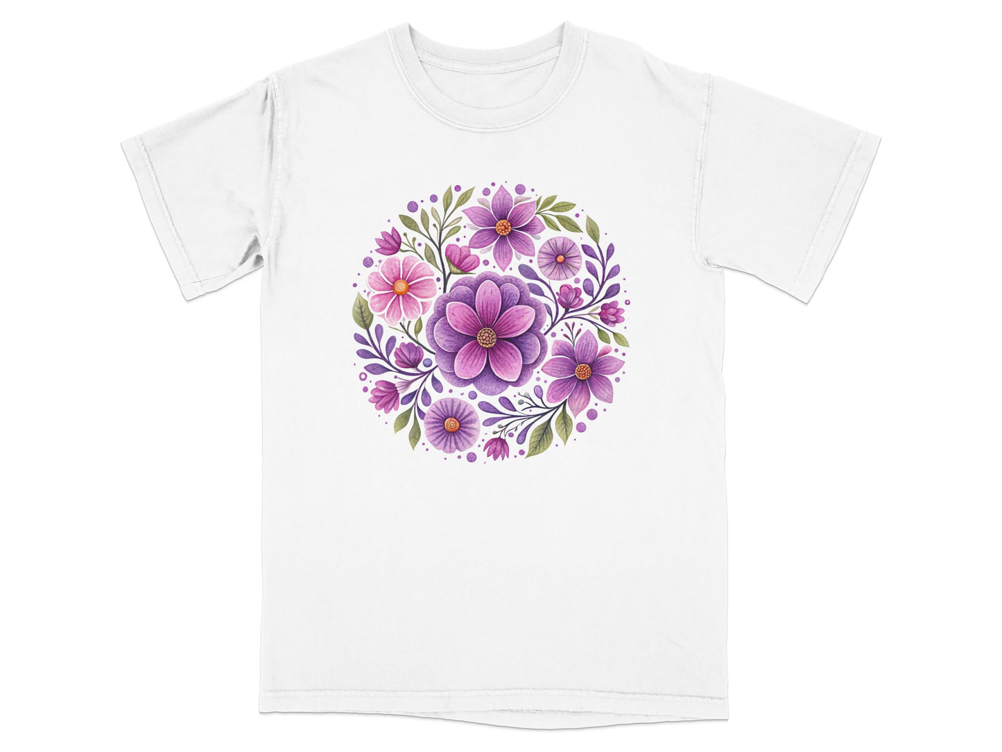 White t-shirt with a circular floral design in shades of purple and pink.