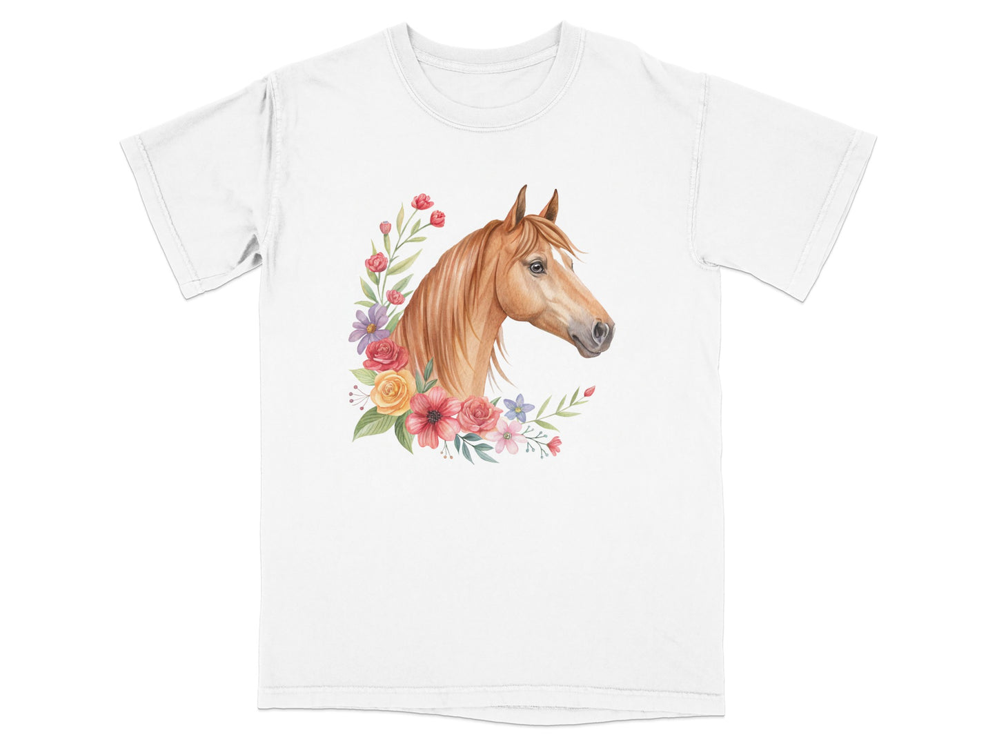 Watercolor horse head surrounded by a floral wreath.