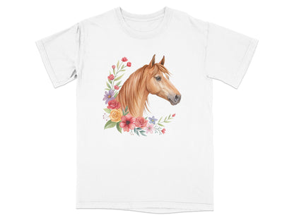 Watercolor horse head surrounded by a floral wreath.