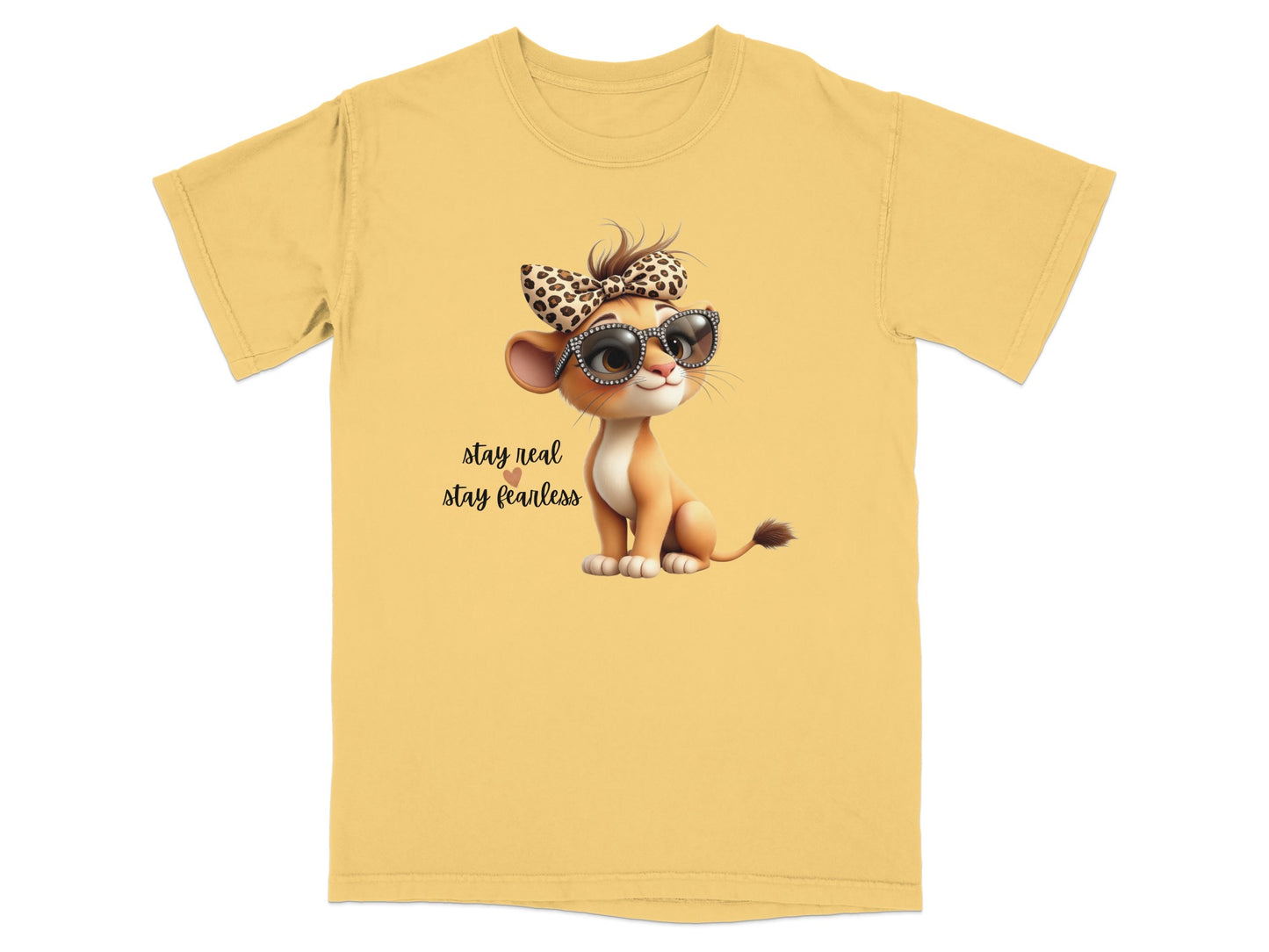 Lion cub wearing sunglasses and bow, with text "stay real stay fearless".