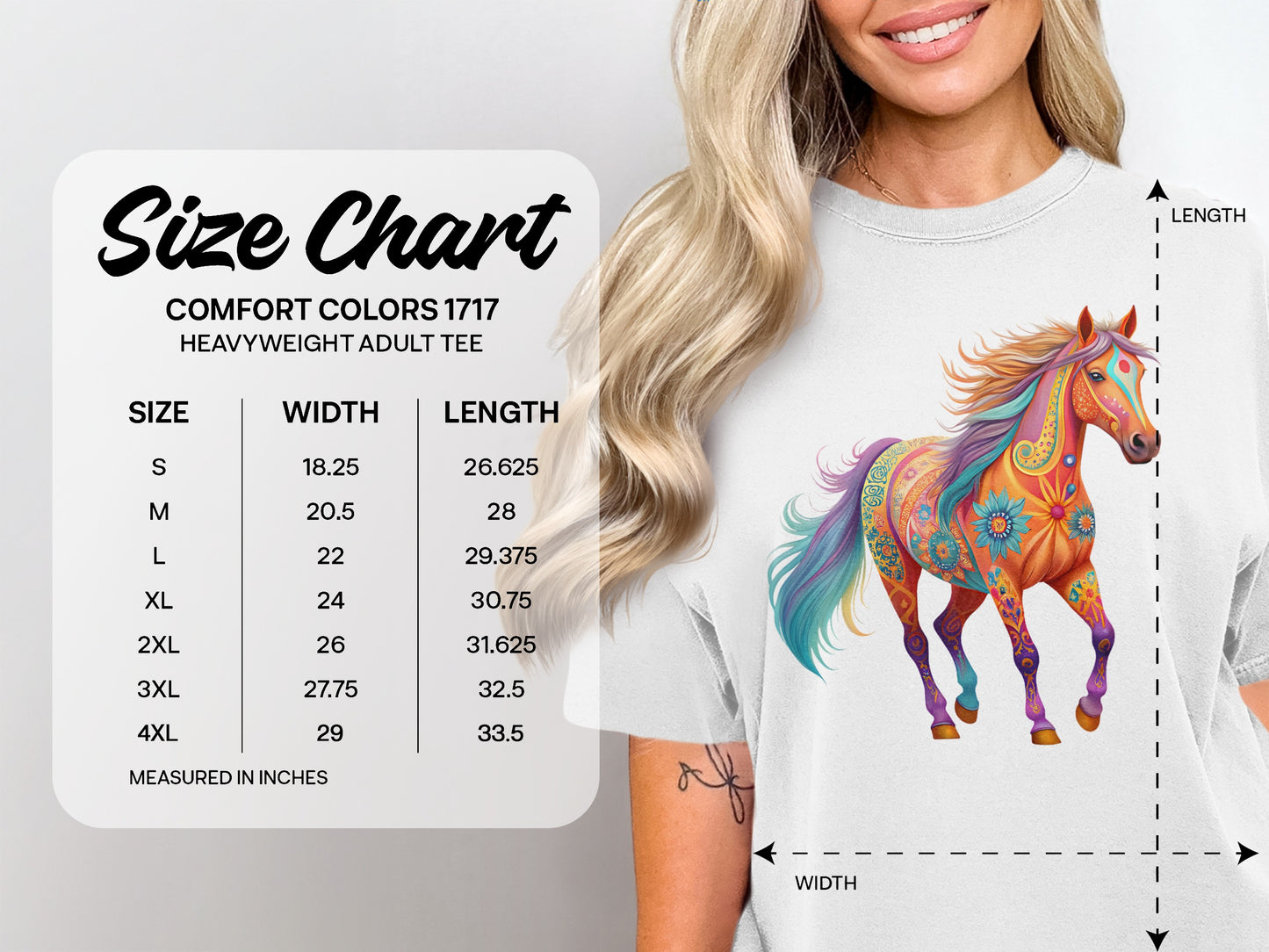 Comfort Colors 1717 heavyweight adult tee size chart with horse graphic.