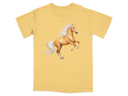 Golden palomino horse rearing up, depicted on a light yellow t-shirt.