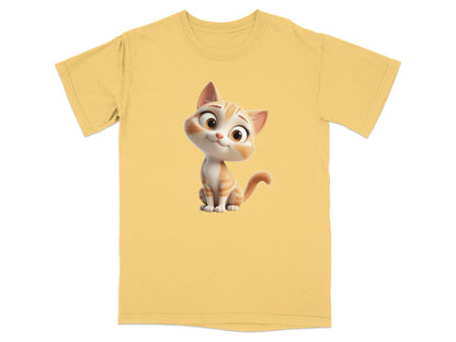 Yellow t-shirt featuring a cartoon orange tabby cat with large eyes.