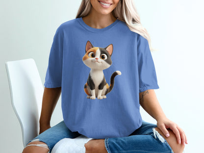 Blue t-shirt with a cartoon calico cat wearing a denim jacket.