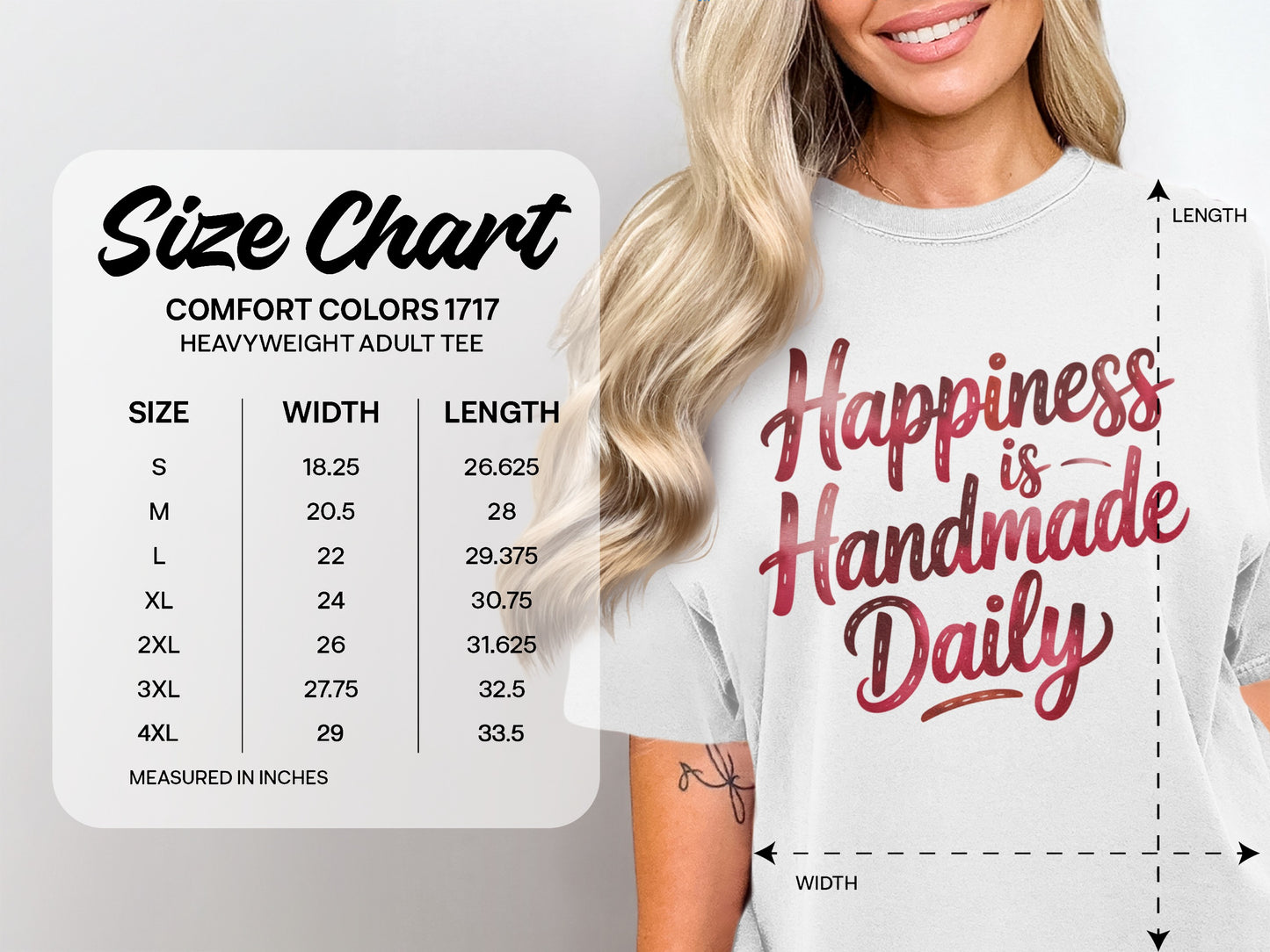 Comfort Colors 1717 heavyweight adult tee size chart with width and length measurements.