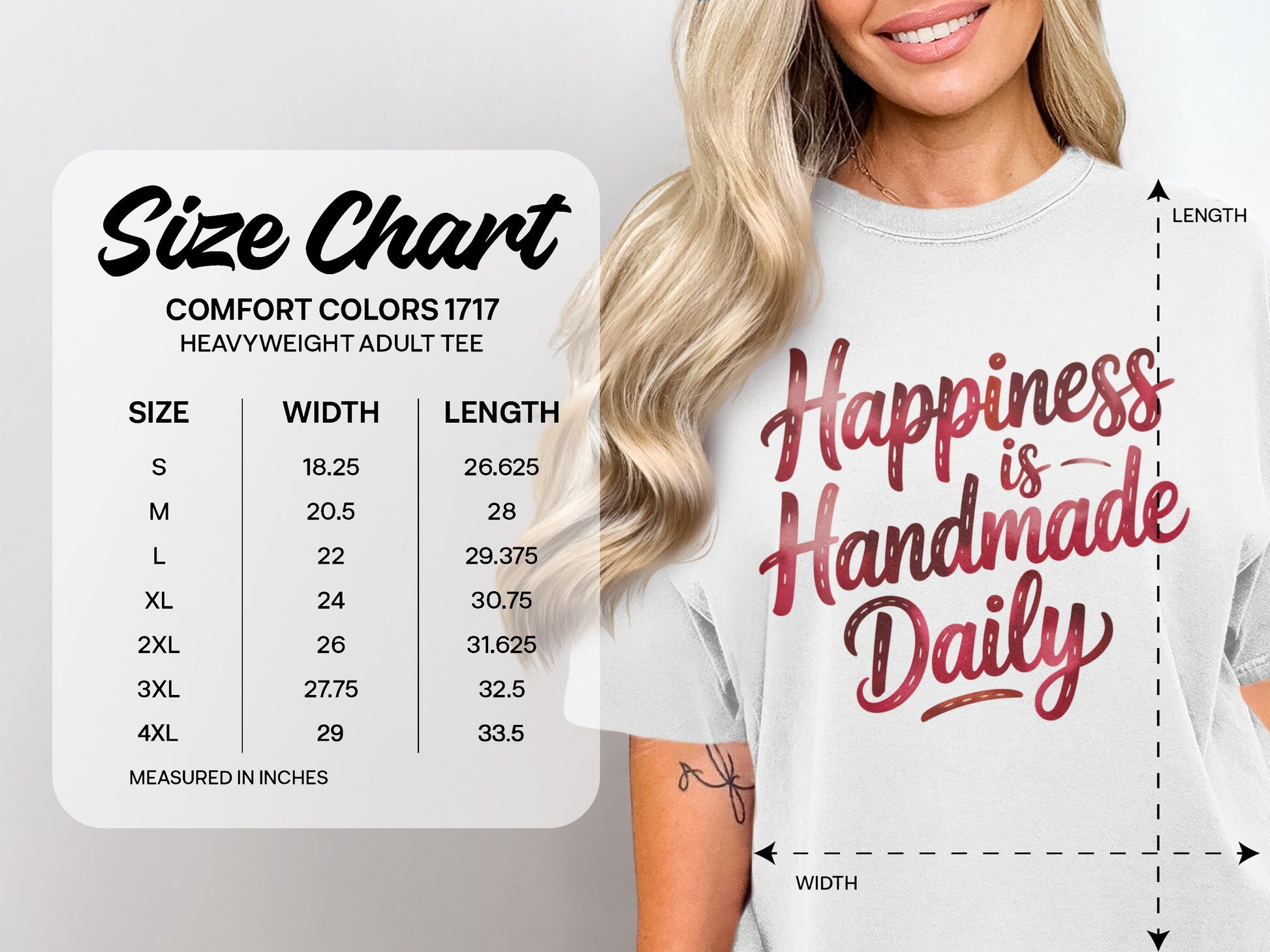 Comfort Colors 1717 heavyweight adult tee size chart with width and length measurements.
