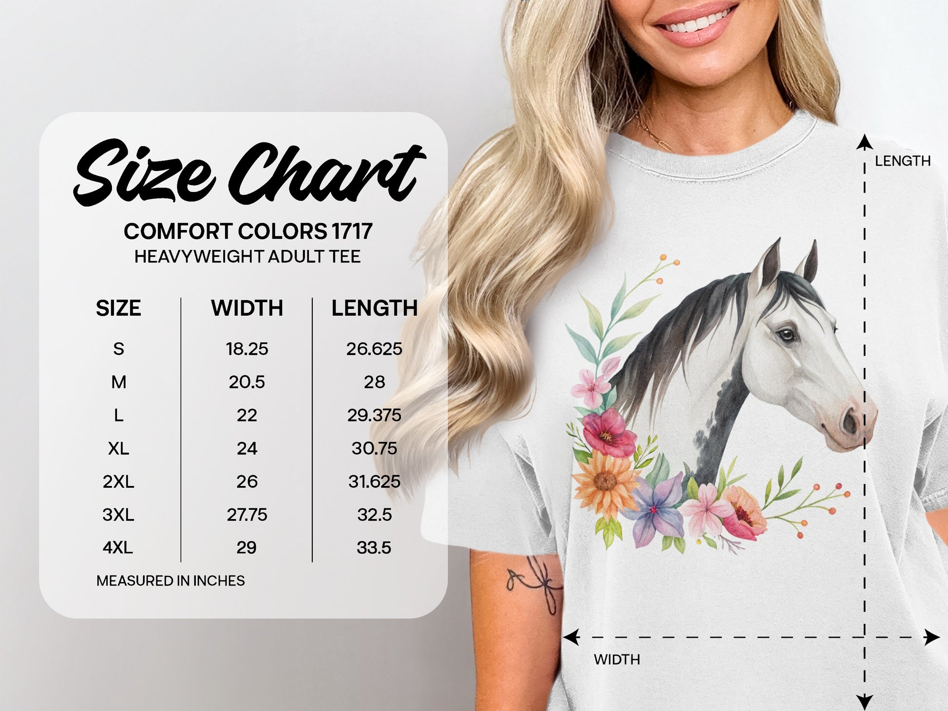 Comfort Colors 1717 heavyweight adult tee size chart with measurements.