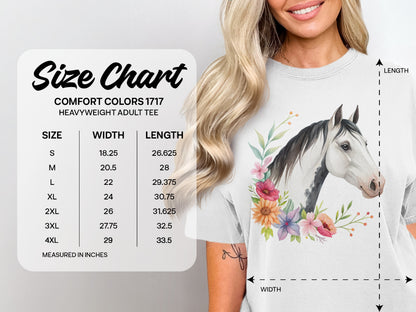 Comfort Colors 1717 heavyweight adult tee size chart with measurements.