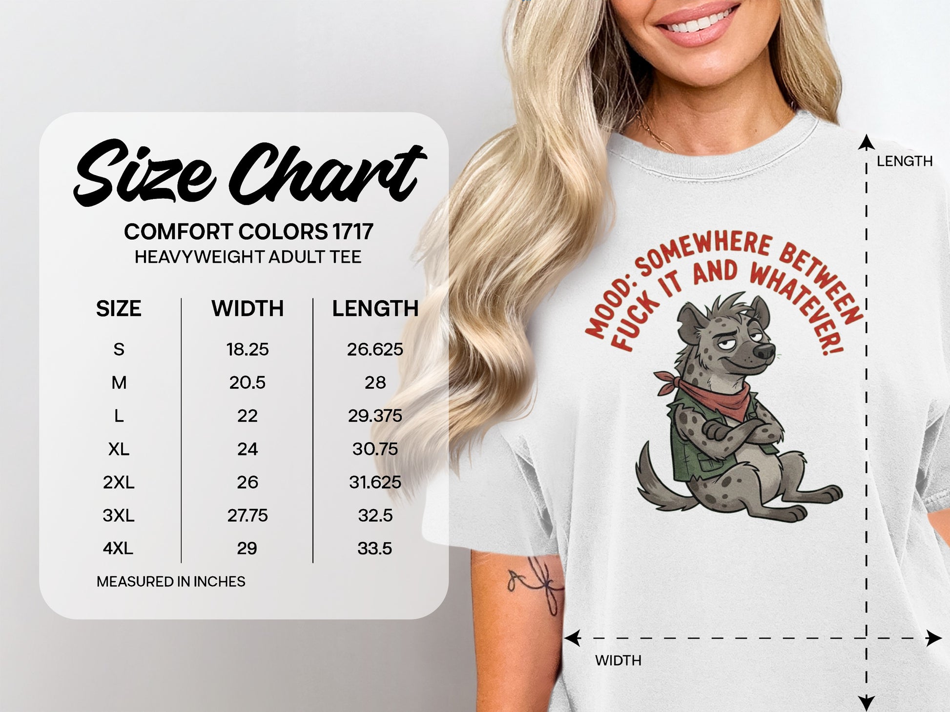 Comfort Colors 1717 Heavyweight tee size chart with measurements.