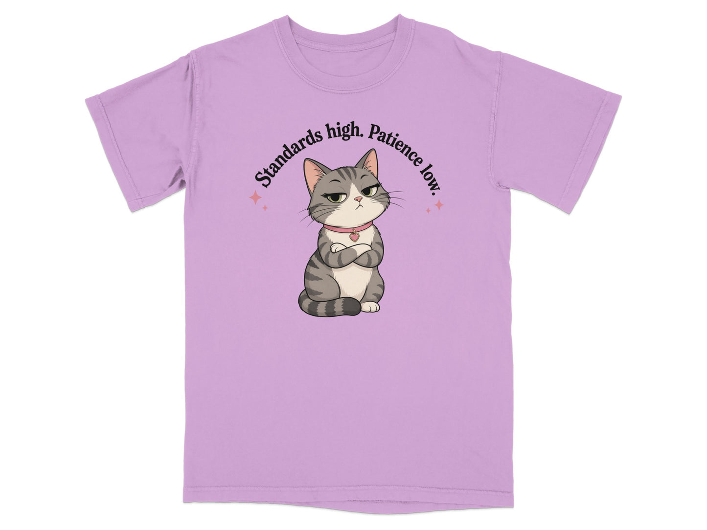 T-shirt with a grumpy cat wearing a pink collar and text "Standards high. Patience low."