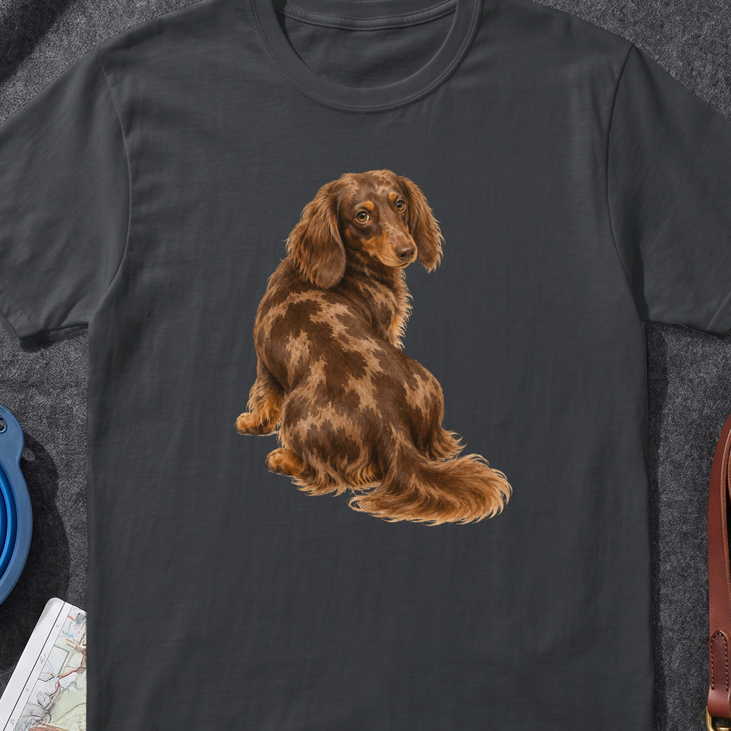 Long-haired dapple dachshund dog illustration on a dark grey t-shirt.