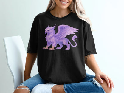 Black t-shirt with a purple gryphon illustration on the chest.