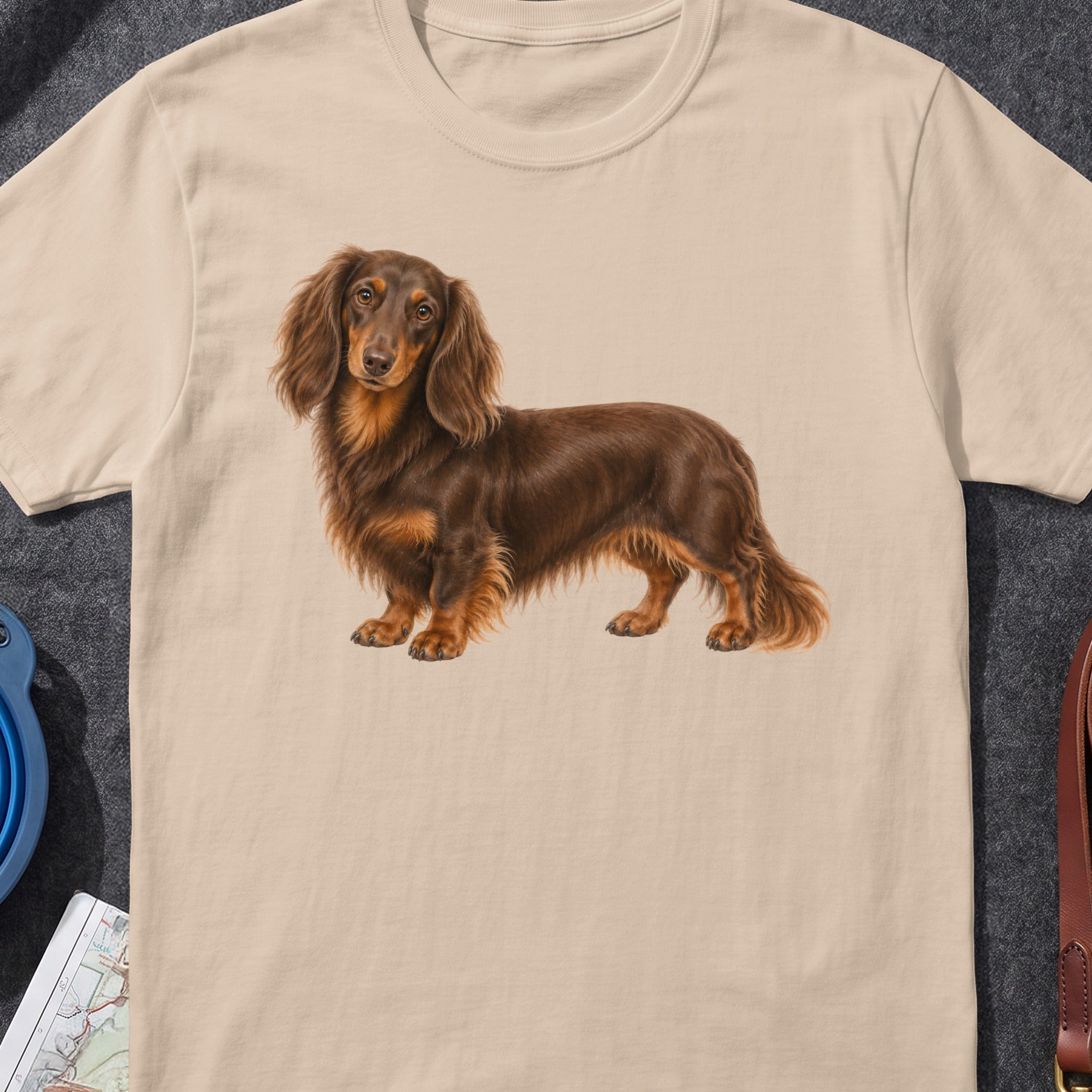 Long-haired brown dachshund illustration on a light beige t-shirt.