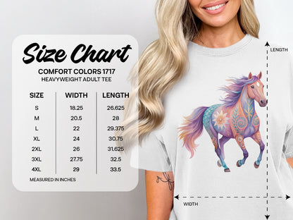 Comfort Colors 1717 size chart with horse graphic, measured in inches.