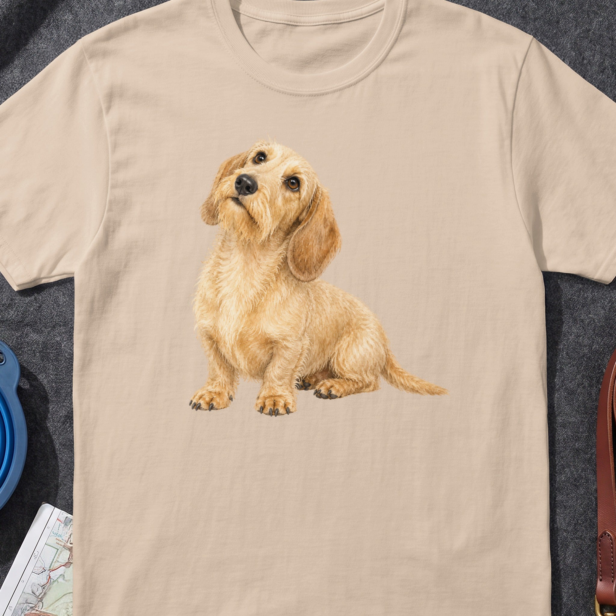 Light beige t-shirt with a watercolor illustration of a fluffy wirehaired dachshund sitting.