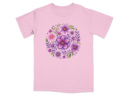 Pink t-shirt with a circular floral design in purple and pink.