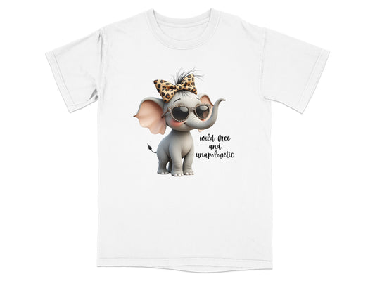Cute cartoon elephant wearing sunglasses and a leopard print bow, text "wild, free and unapologetic".