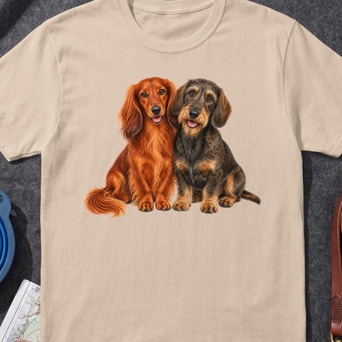 Two dachshunds, one long-haired tan, one wire-haired brown, sit together on a beige t-shirt.