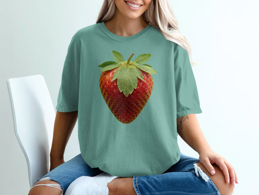 Teal t-shirt with a large, realistic strawberry graphic.